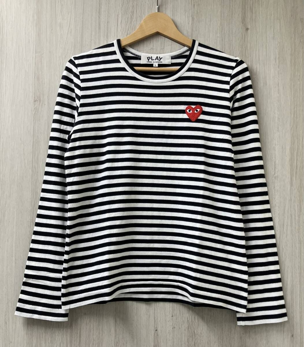 PLAY COMME des GARCONS プレイコムデギャルソン AZ-T163 レッドハート ワンポイント ボーダー 長袖Tシャツ サイズL ブラック × ホワイト