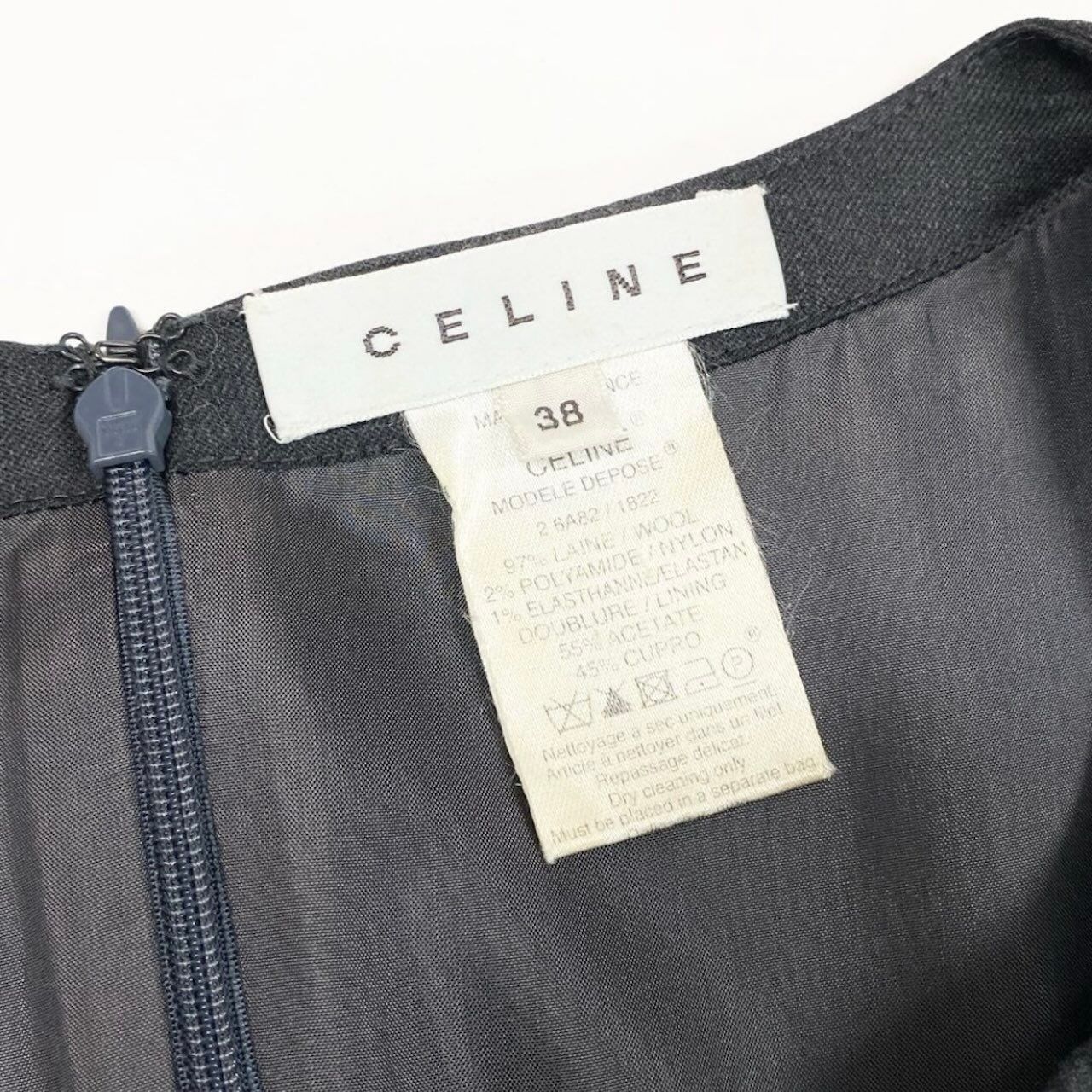 CELINE グレー ウールジレ/ワンピース サイズ38 CELINE セリーヌ ヴィンテージ 馬車ベルト付き Aラインワンピース