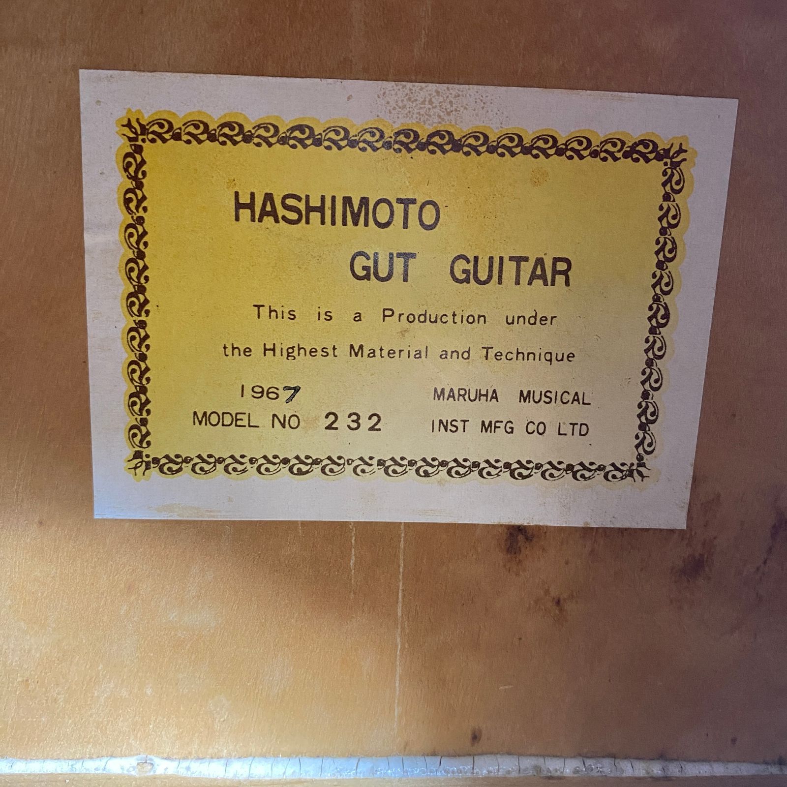 1967年製 HASHIMOTO No.232 ハシモト ガットギター マルハ製 四ギター9 M 1967年製 HASHIMOTO No.232 ハシモト ガットギター マルハ製 四ギター9 M