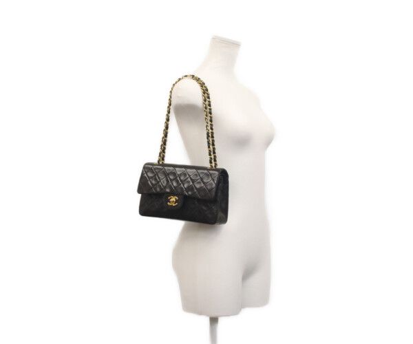 CHANEL シャネル A01113 黒ラム ゴールド金具 Wフラップ マトラッセ23
