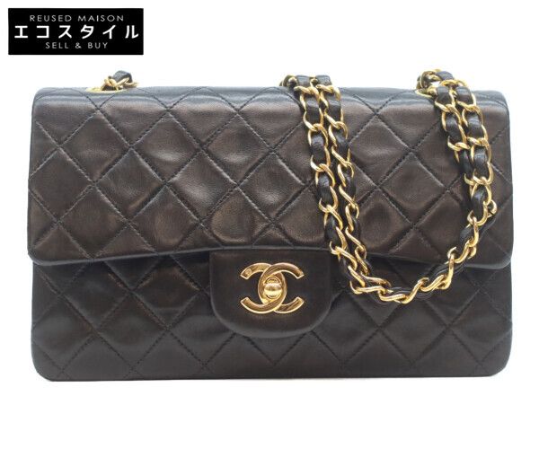 CHANEL シャネル A01113 黒ラム ゴールド金具 Wフラップ マトラッセ23