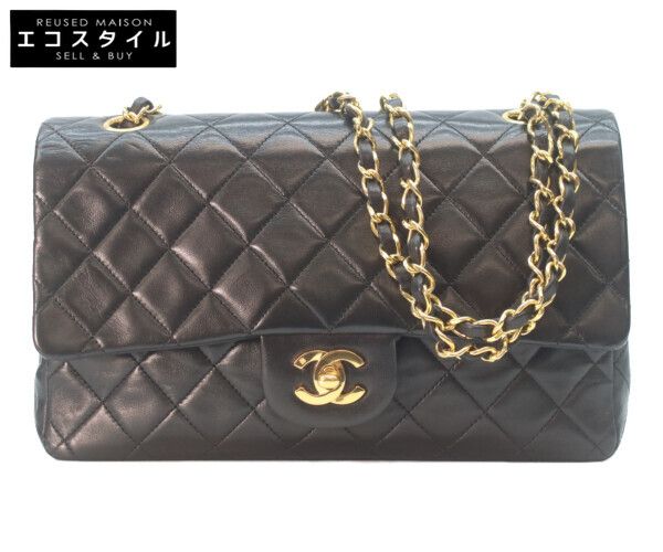CHANEL　シャネル　1番 A01112 黒ラム ゴールド金具 Wフラップ マトラッセ25