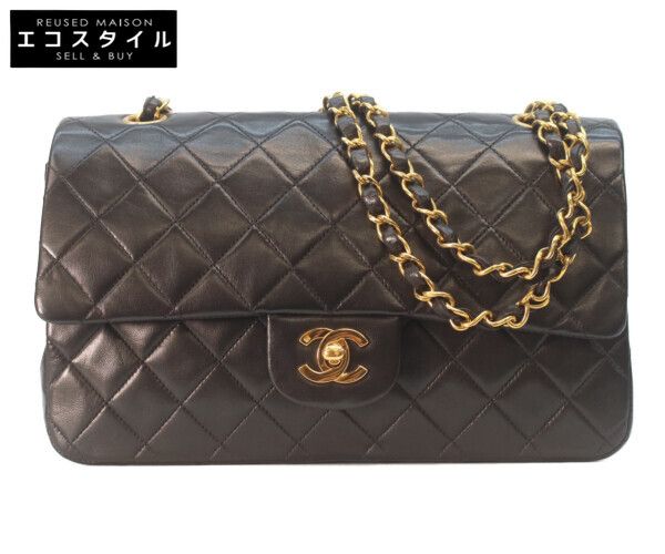 CHANEL シャネル A01112 黒ラム ゴールド金具 Wフラップ マトラッセ25