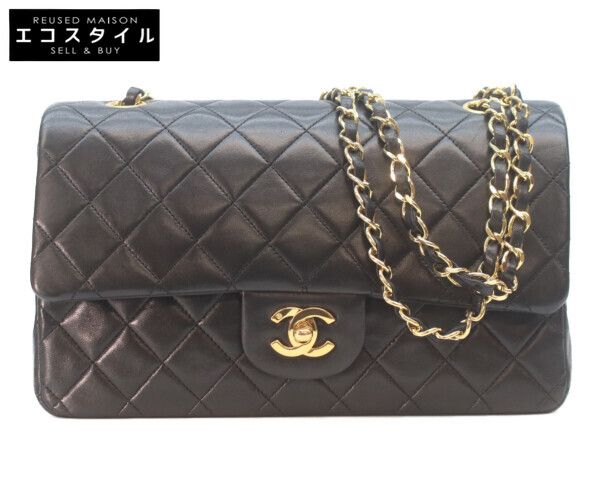 CHANEL シャネル A01112 黒ラム ゴールド金具 Wフラップ マトラッセ25