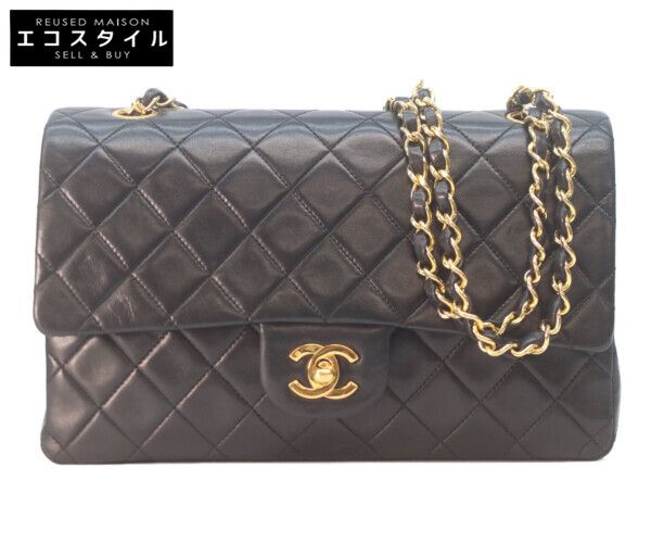 CHANEL シャネル A01112 黒ラム ゴールド金具 Wフラップ マトラッセ25