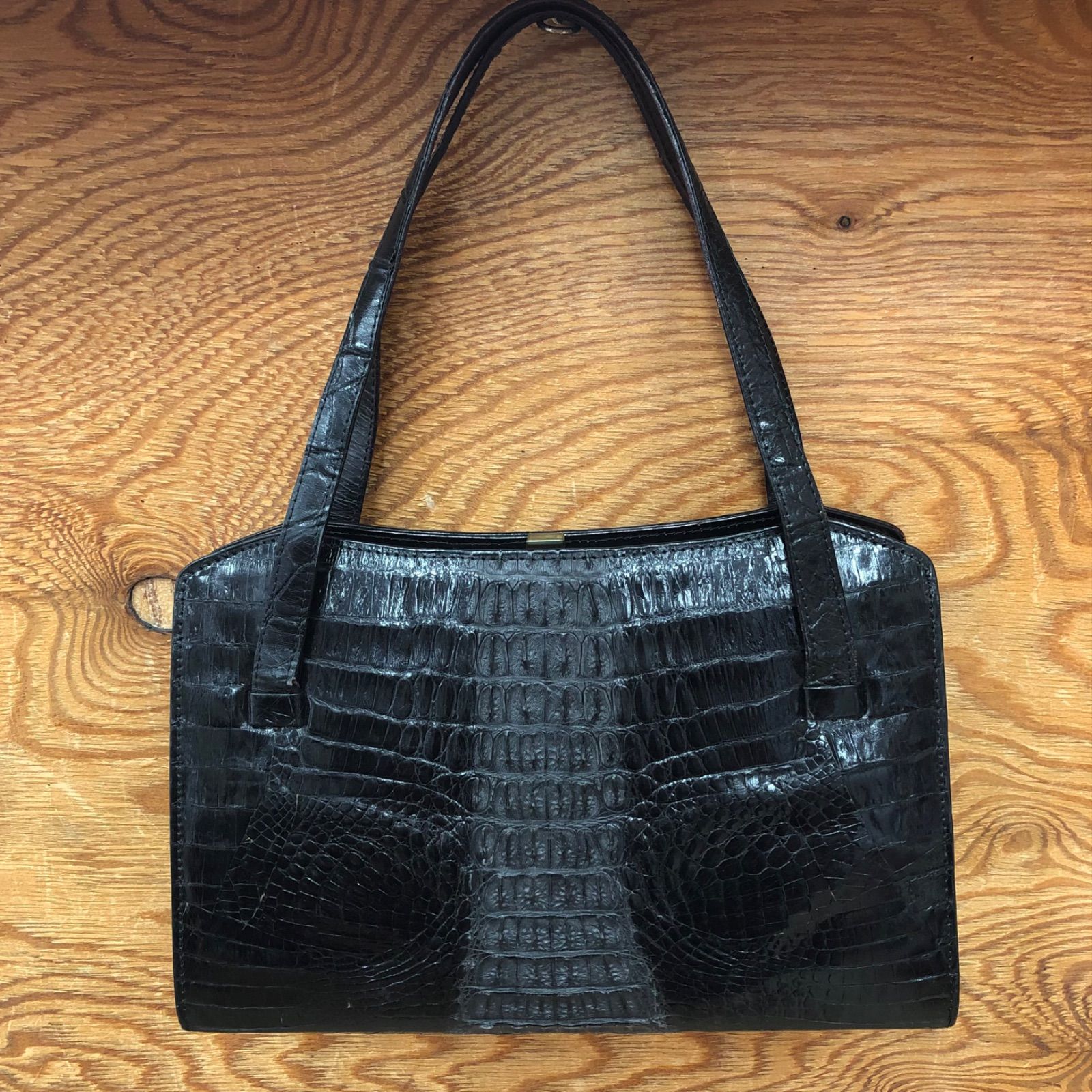 GENUINE CROCODILE SKIN ヴィンテージ ハンドバッグ クロコダイル 黒 レザーバッグ 本革 スクエア型