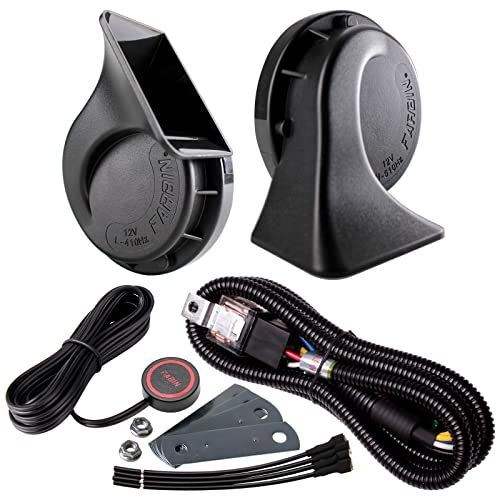 FARBIN ホーン12V汎用 ツイントーン ホーン120dB 渦巻き型 組み合わせ 2分岐コネクターハーネス および独立制御ホー ンのボタン (12V, 黒いのペアホー ン+リレーハーネス+ボタンスイッチ)送料無料 0f34e026