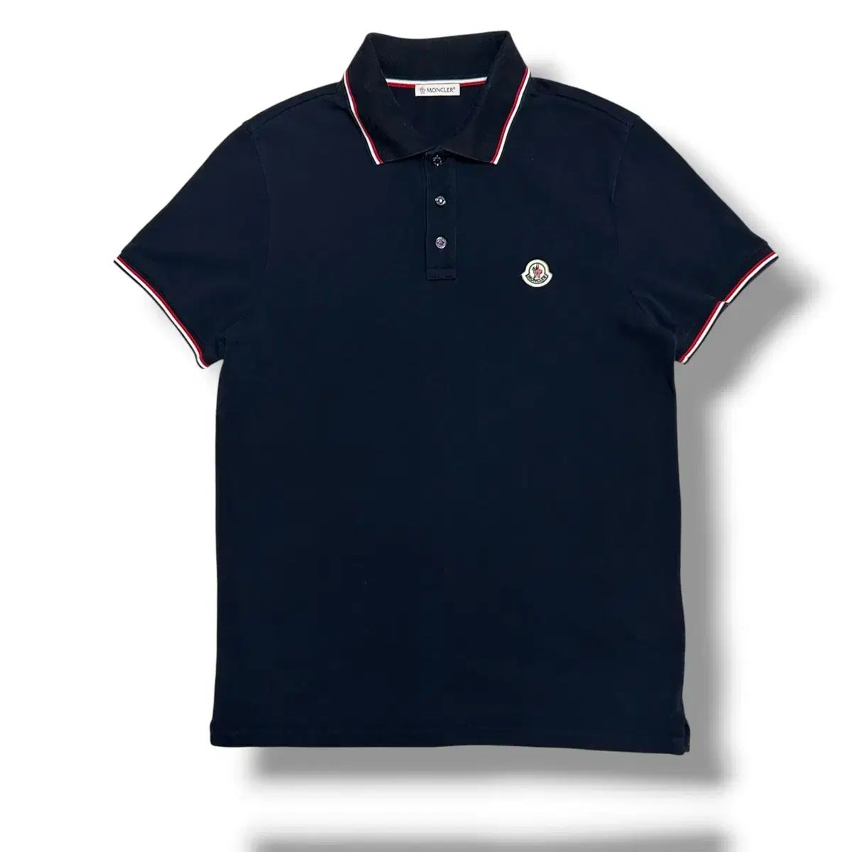 MONCLER S 三色トリミング コットンピケ ポロTシャツ 半袖 ネイビー