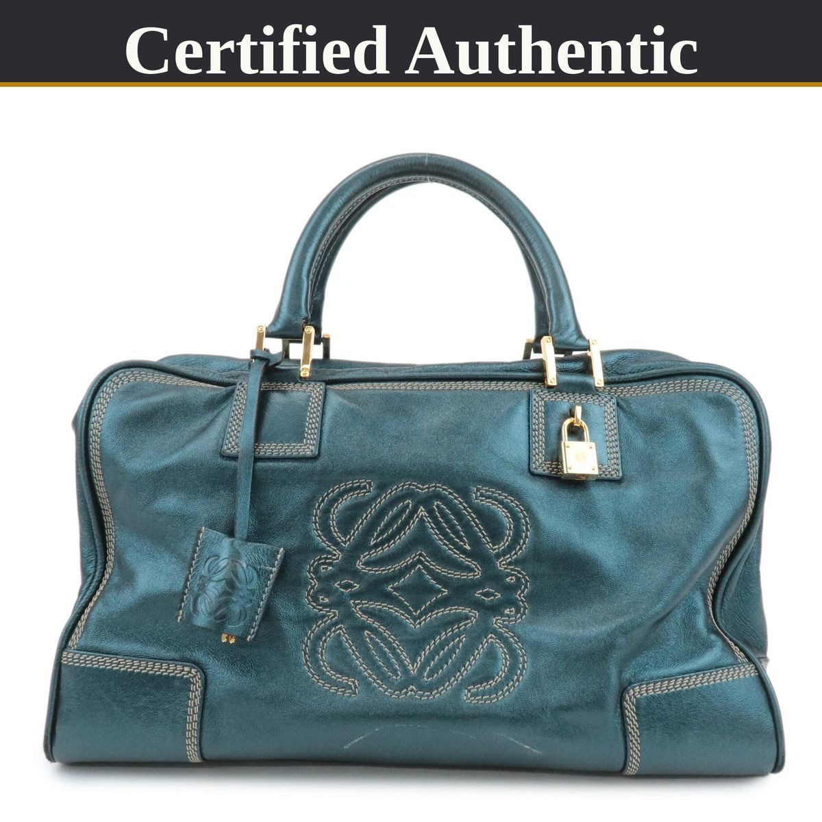 【やや使用感あり】 LOEWE ロエベ アナグラム Amazona アマソナ35 ハンドバッグ - メタリックグリーン／レザー