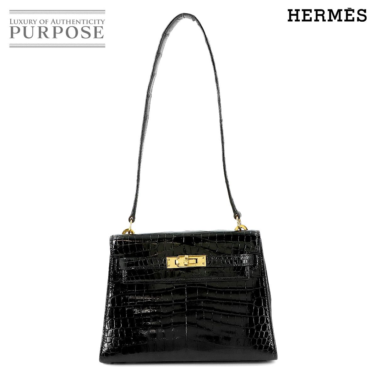 エルメス HERMES クロコダイル ポロサス ミニケリー 20 ブラック ショルダー バッグ 外縫い ヴィンテージ ゴールド 金具 90322831