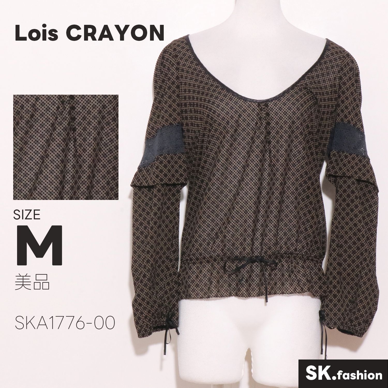美品 Lois CRAYON トップス シアーブラウス　長袖　総柄　リボン付き　日本製