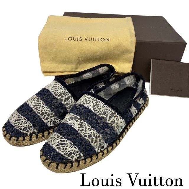 LOUIS VUITTON ルイヴィトン レース エスパドリーユ フラットシューズ ネイビー×ホワイト 34 1/2（約22cm）