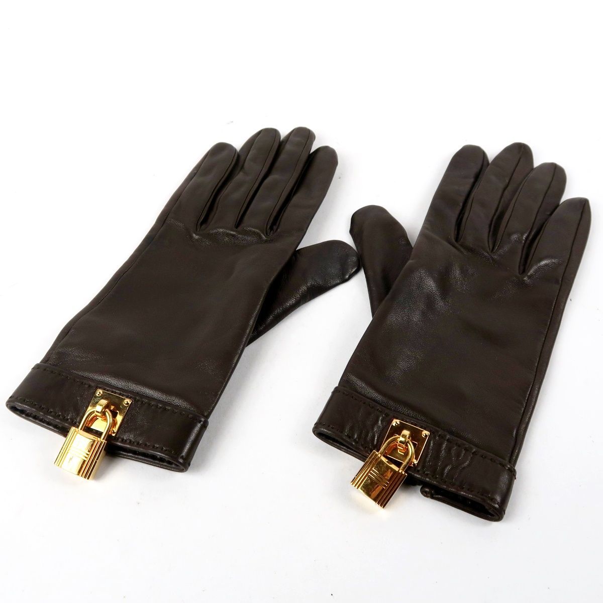 【美品】HERMES エルメス カデナ 装飾 レザー×シルク グローブ 手袋 size 7 レディース 小物 雑貨【FU71】