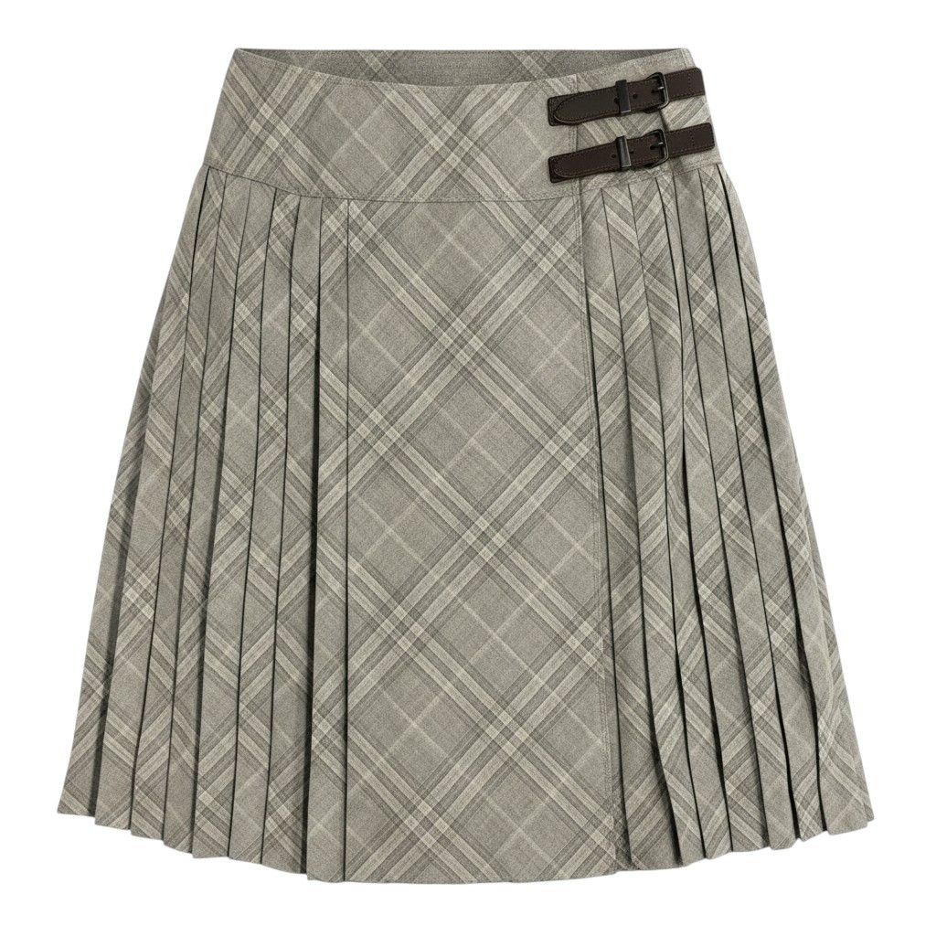 Ee25 【タグ付き】 BURBERRY LONDON バーバリーロンドン チェック プリーツスカート ラップスカート レザーベルト サイズ46 グレージュ系 ウール100％ レディース女性服o07t