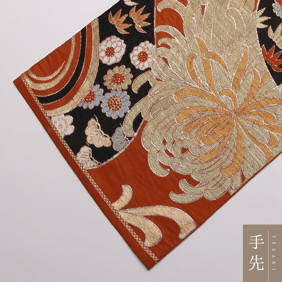 特価！袋帯 帯丈400cm 正絹 六通 フォーマル 菊 流水 吉祥文様 朱系
