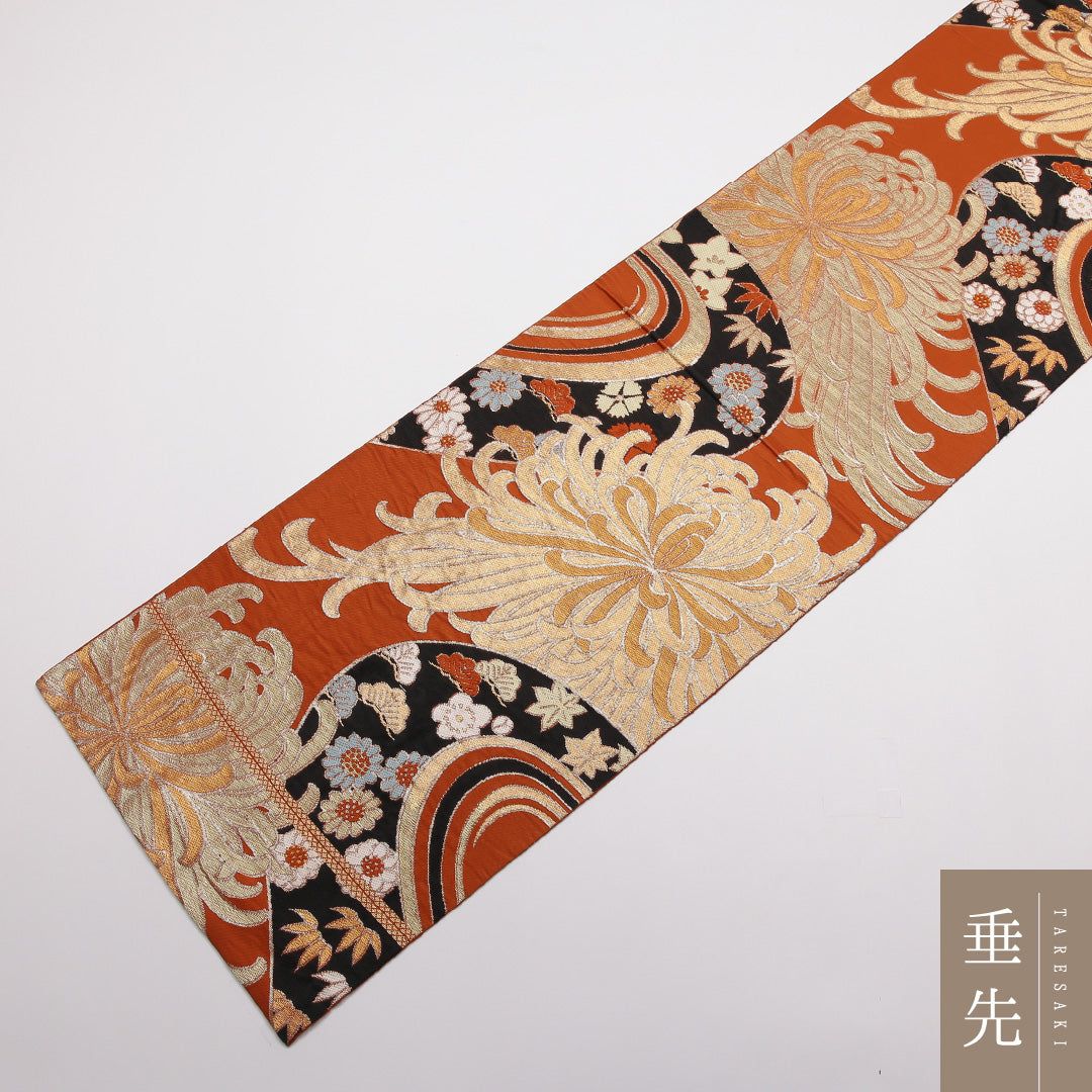 特価！袋帯 帯丈400cm 正絹 六通 フォーマル 菊 流水 吉祥文様 朱系