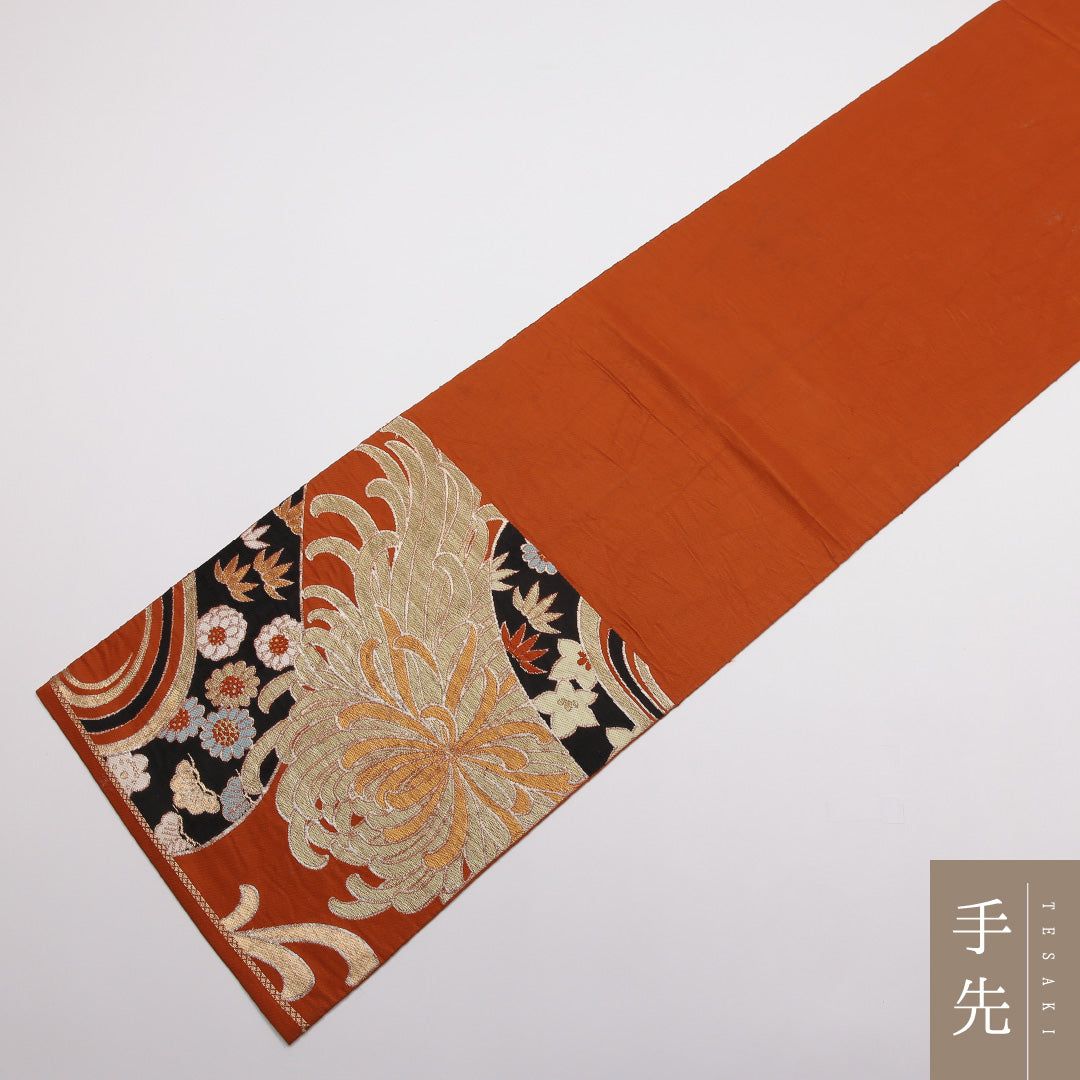 特価！袋帯 帯丈400cm 正絹 六通 フォーマル 菊 流水 吉祥文様 朱系