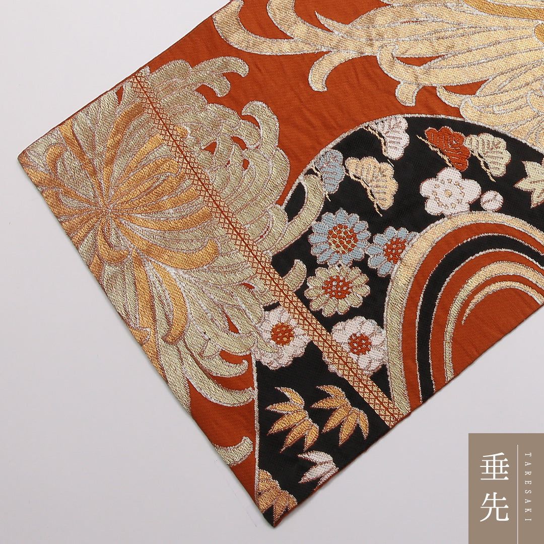 特価！袋帯 帯丈400cm 正絹 六通 フォーマル 菊 流水 吉祥文様 朱系
