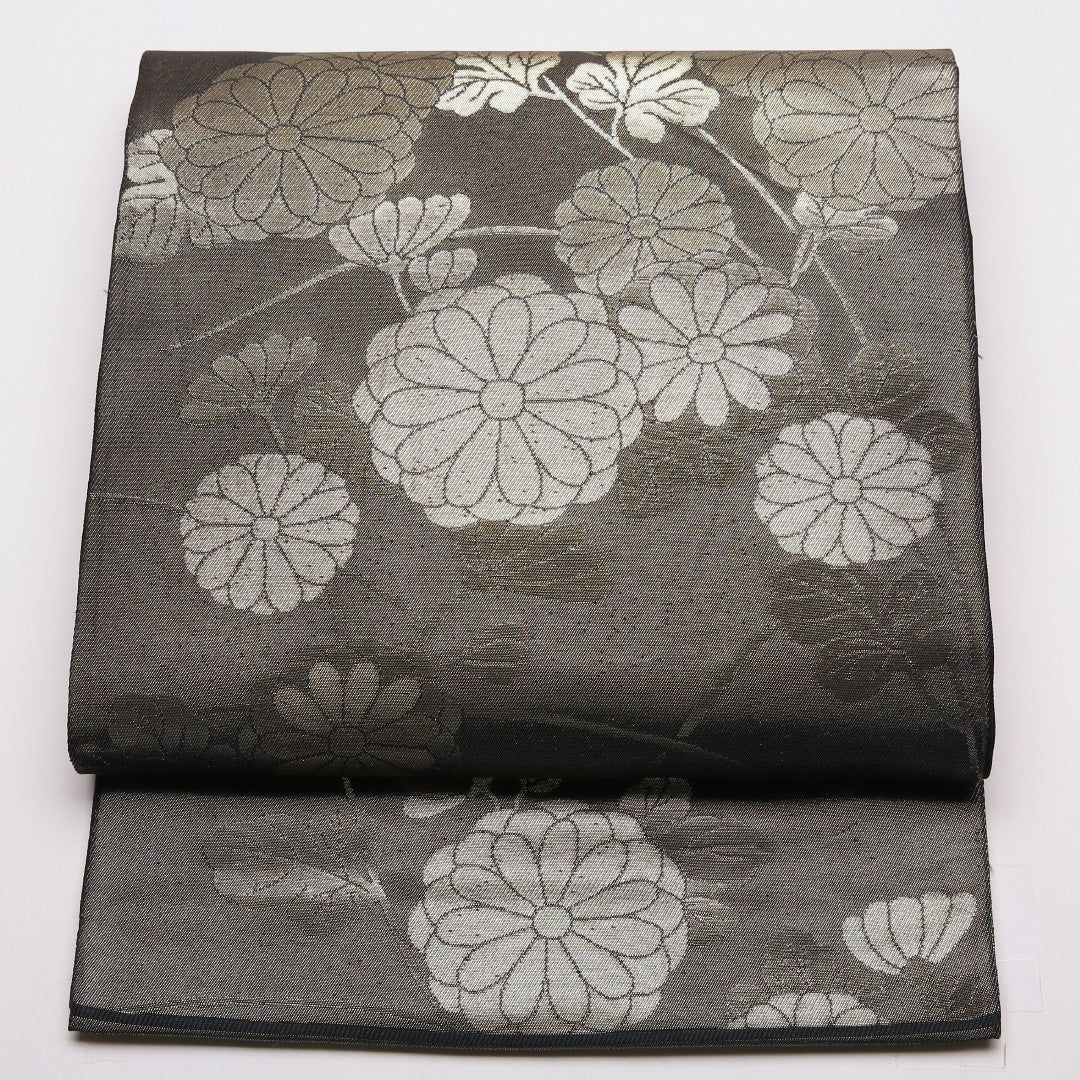 特価！袋帯 帯丈428cm 正絹 六通 セミフォーマル 菊 黒系 1243-01436