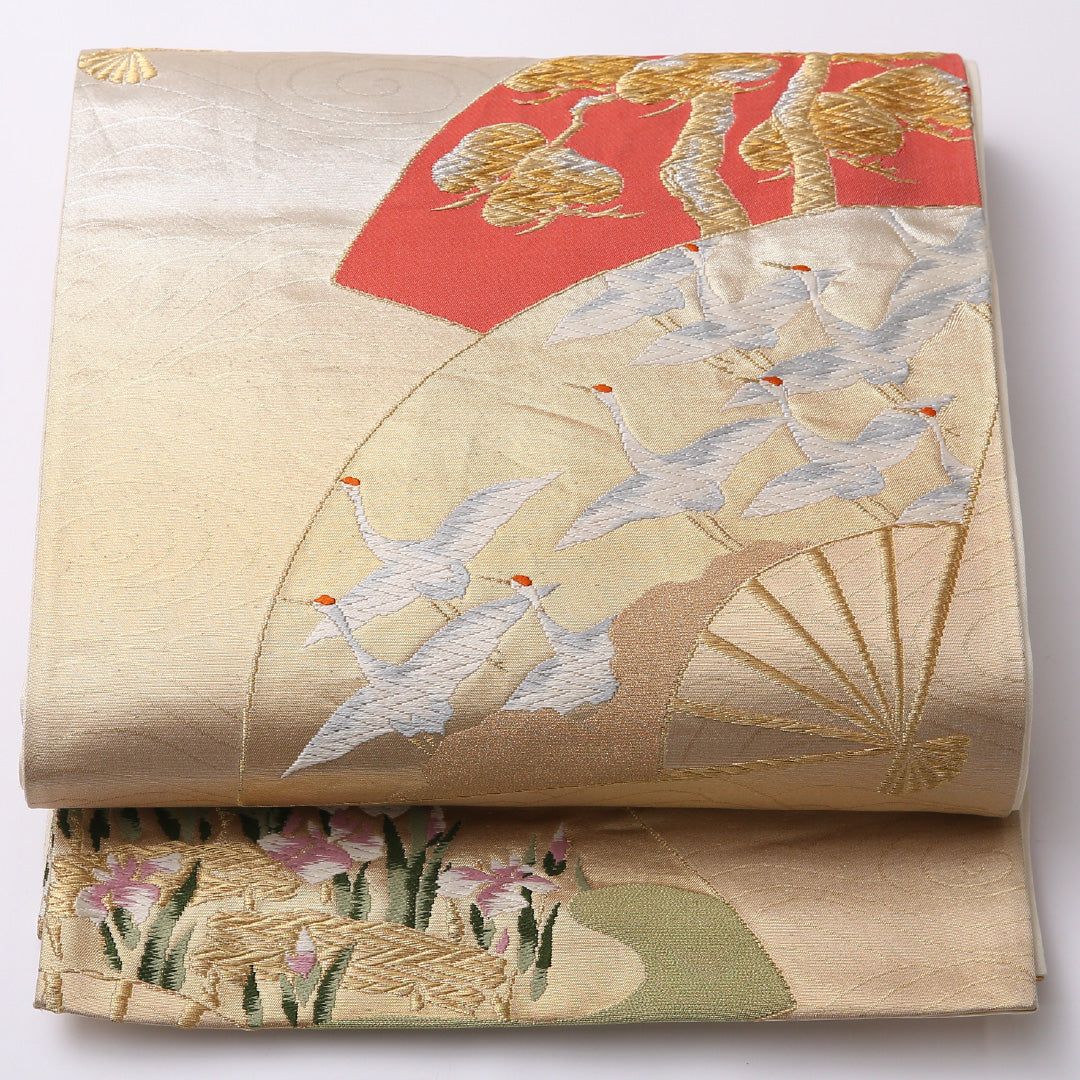 特価！袋帯 帯丈424cm 正絹 六通 フォーマル 更紗 花扇 松鶴 八橋 金系 1243-01438 9,706円