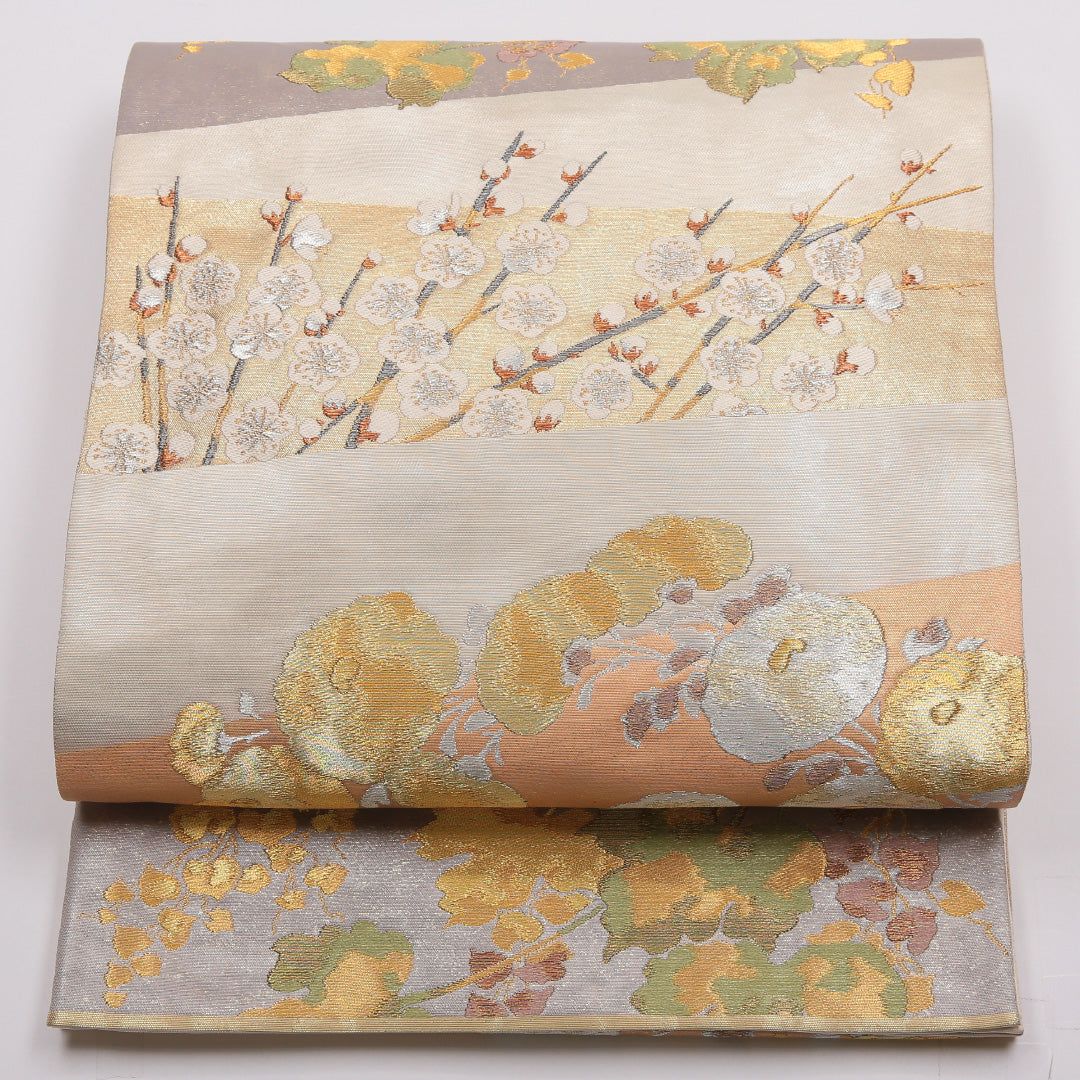 特価！袋帯 帯丈444cm 正絹 六通 フォーマル 琳派 椿 桜 吉祥文様 落款 クリーム系 1243-01451
