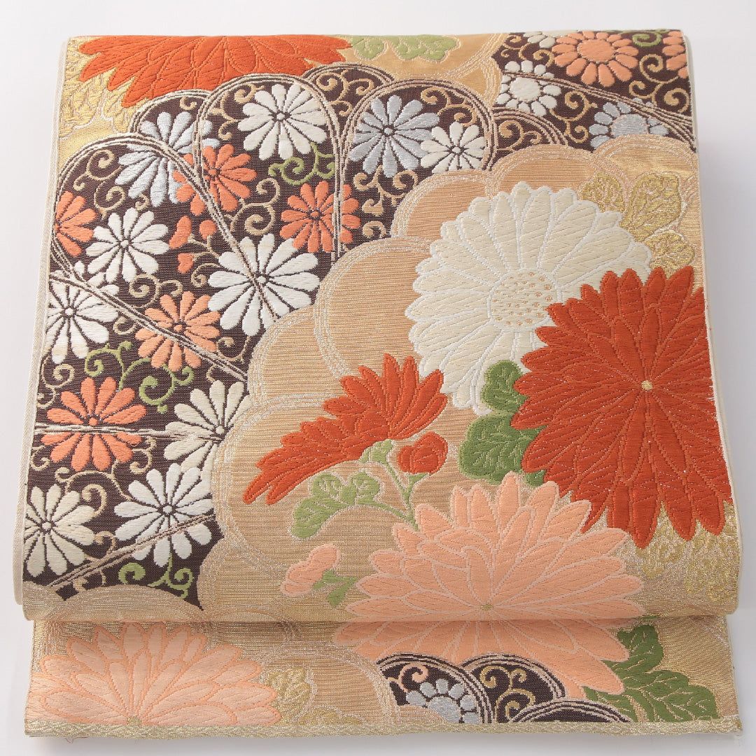 お買い得品！アンティーク 袋帯 帯丈404cm 正絹 六通 花扇 多色系 1243-01454