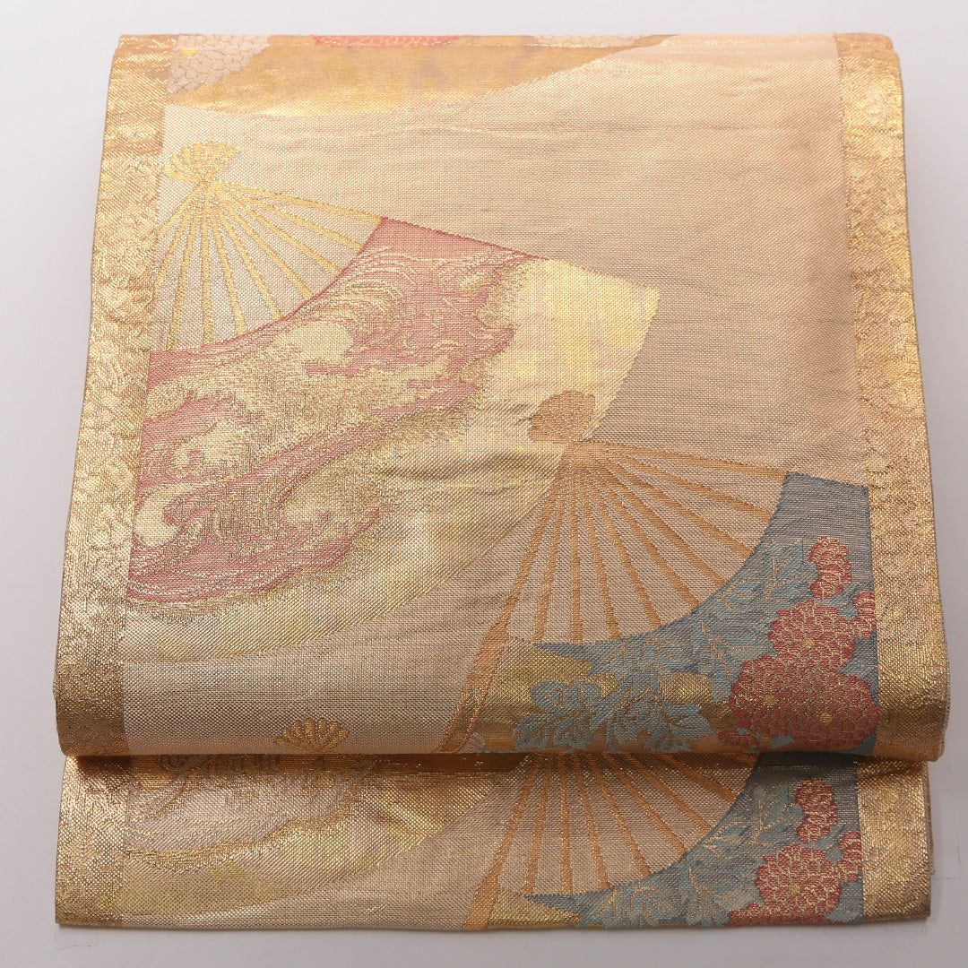 特価！袋帯 帯丈464cm 正絹 六通 フォーマル 扇面文 吉祥文様 金系 1243-01461