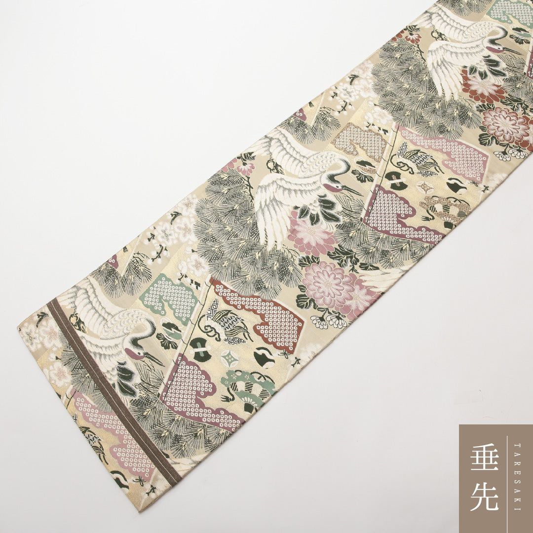 特価！アンティーク 丸帯 帯丈400cm 正絹 全通 松鶴 ベージュ系 1242
