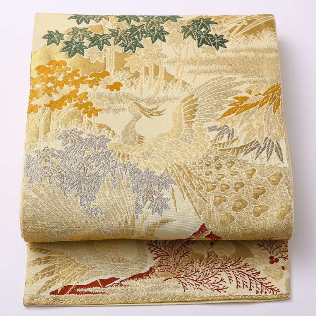 特価！アンティーク 袋帯 帯丈384cm 正絹 六通 鳳凰 四季山野 金系 1243-01487