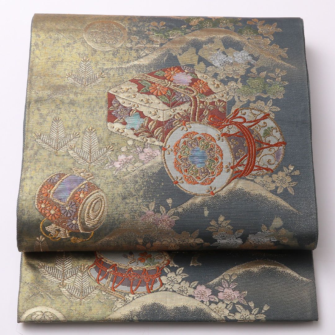 特価！袋帯 帯丈428cm 正絹 六通 フォーマル 文箱 鼓 小槌 緑系 グレー系 1243-01494