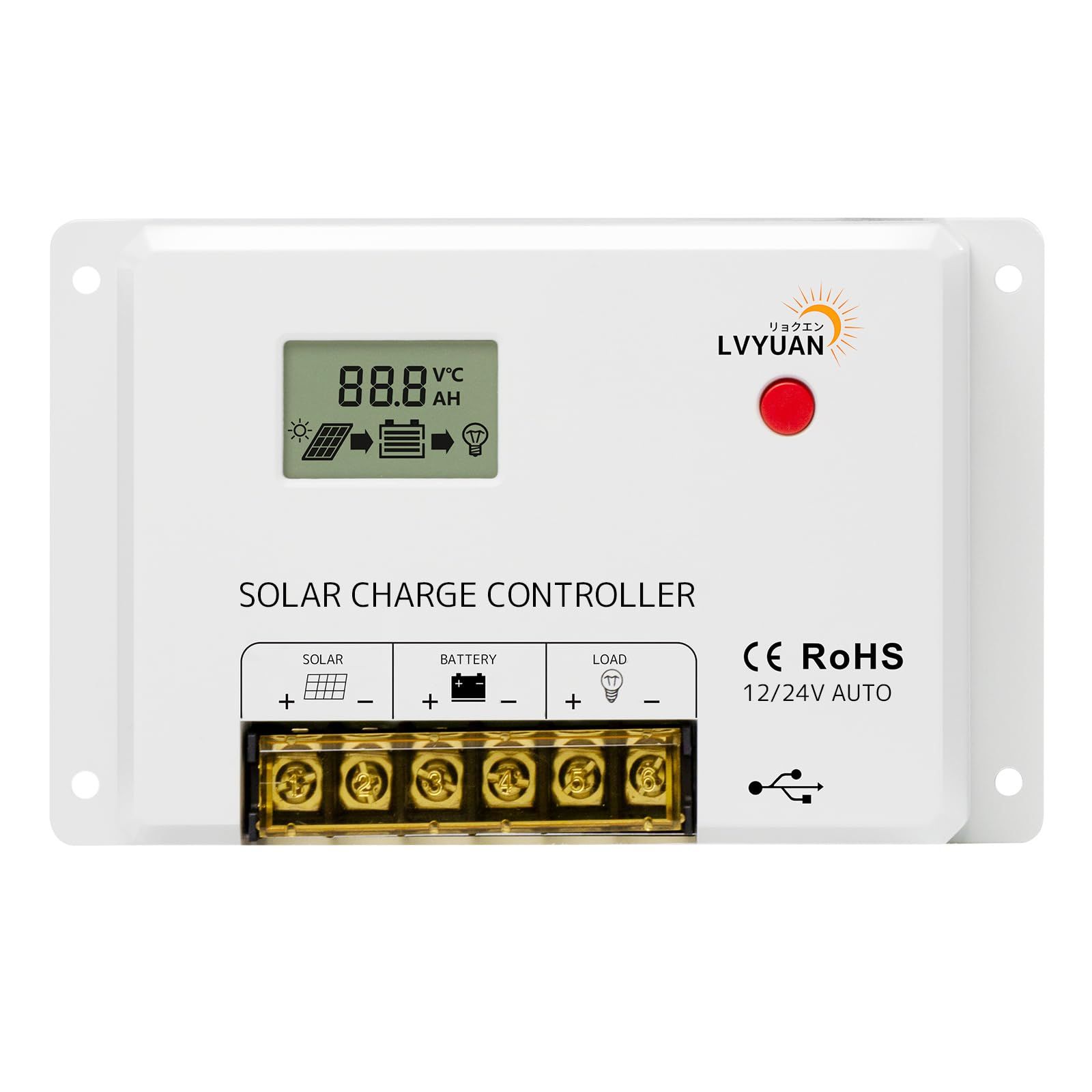 ☆新品☆【リチウム電池活性化】 LVYUAN(リョクエン) PWM 20A ソーラーチャージコントローラー12V24V兼用 USB5V出力付き 液晶画面付き 船舶 野外 車中泊 災害対策 地震停電 防災予備品 太陽光発電専用 国内仕様【日本語 83cf5893