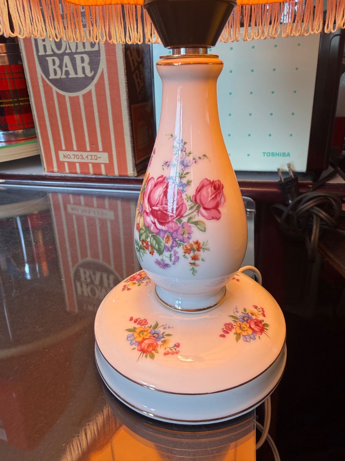 昭和レトロ 日立照明 テーブルランプ LS6602 OR フリンジシェード 花柄 