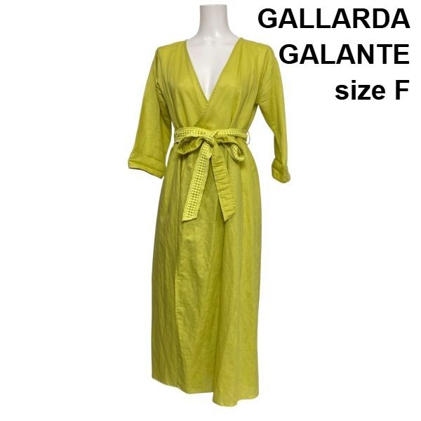 ◇ ガリャルダガランテ GALLARDA GALANTE ロングワンピース 七分袖 Vネック ライトアウター 2WAY 黄色 麻 綿 サイズF レディース S6E418