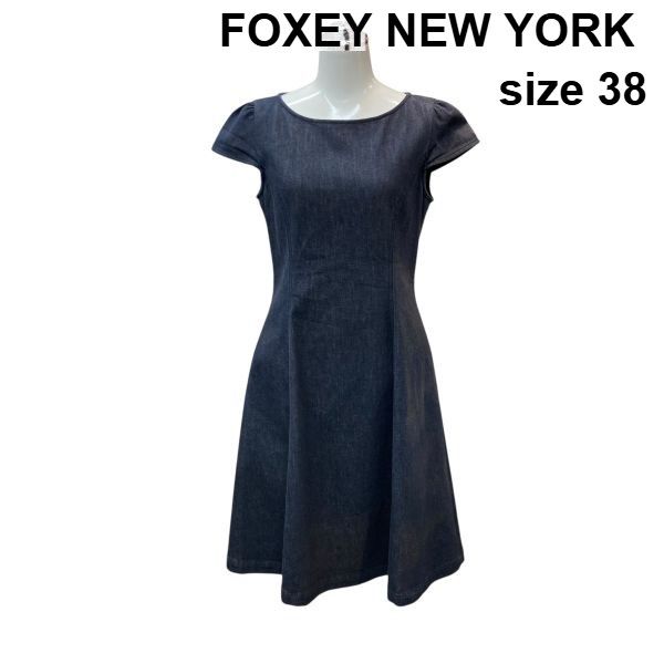 □ フォクシーニューヨーク FOXEY ストレッチデニムワンピース 膝丈 キャップスリーブ フレア ネイビー 綿混 38 M ９号 レディース Z6C751