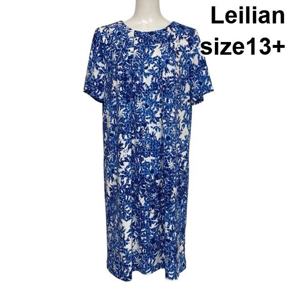 ◇ レリアン Leilian 総柄ワンピース サックドレス ミモレ丈 半袖 ラウンドネック Iライン 白 ブルー 13+ XL 13号 レディース S6E426