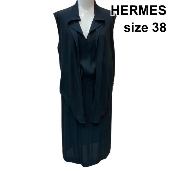 ○□ エルメス HERMES ワンピース 膝丈 ノースリーブ ウエストギャザー 