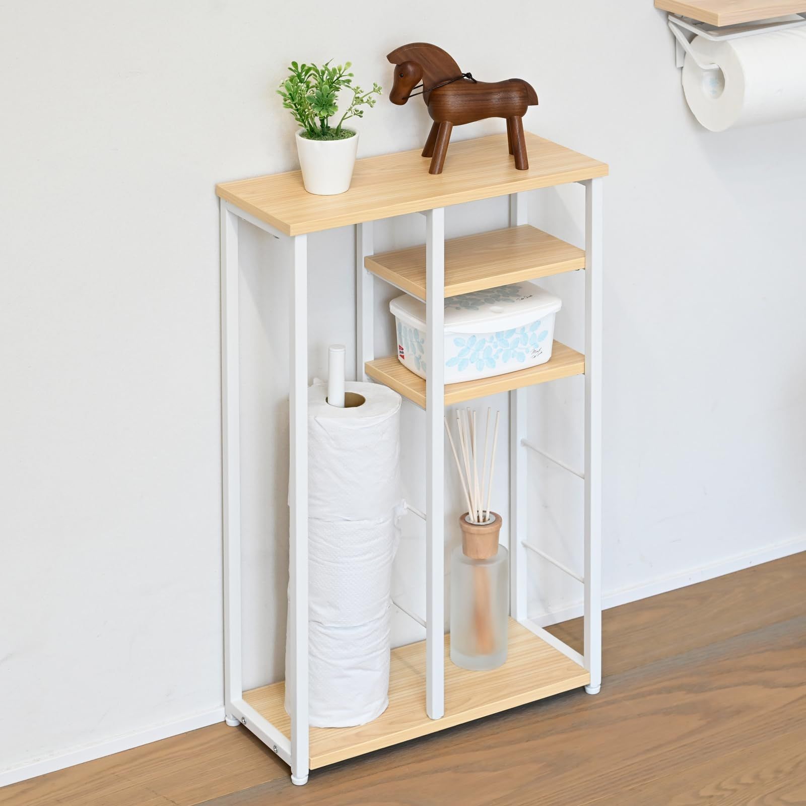 山善(YAMAZEN) トイレラックトイレットペーパー 収納 スリム 棚 ラック トイレ 幅35.5×奥行15×高さ60cm 組立品 ウッドナチュラル/マットホワイト 木目調 RTPR-3515(WN/MWH)★ a71c8433