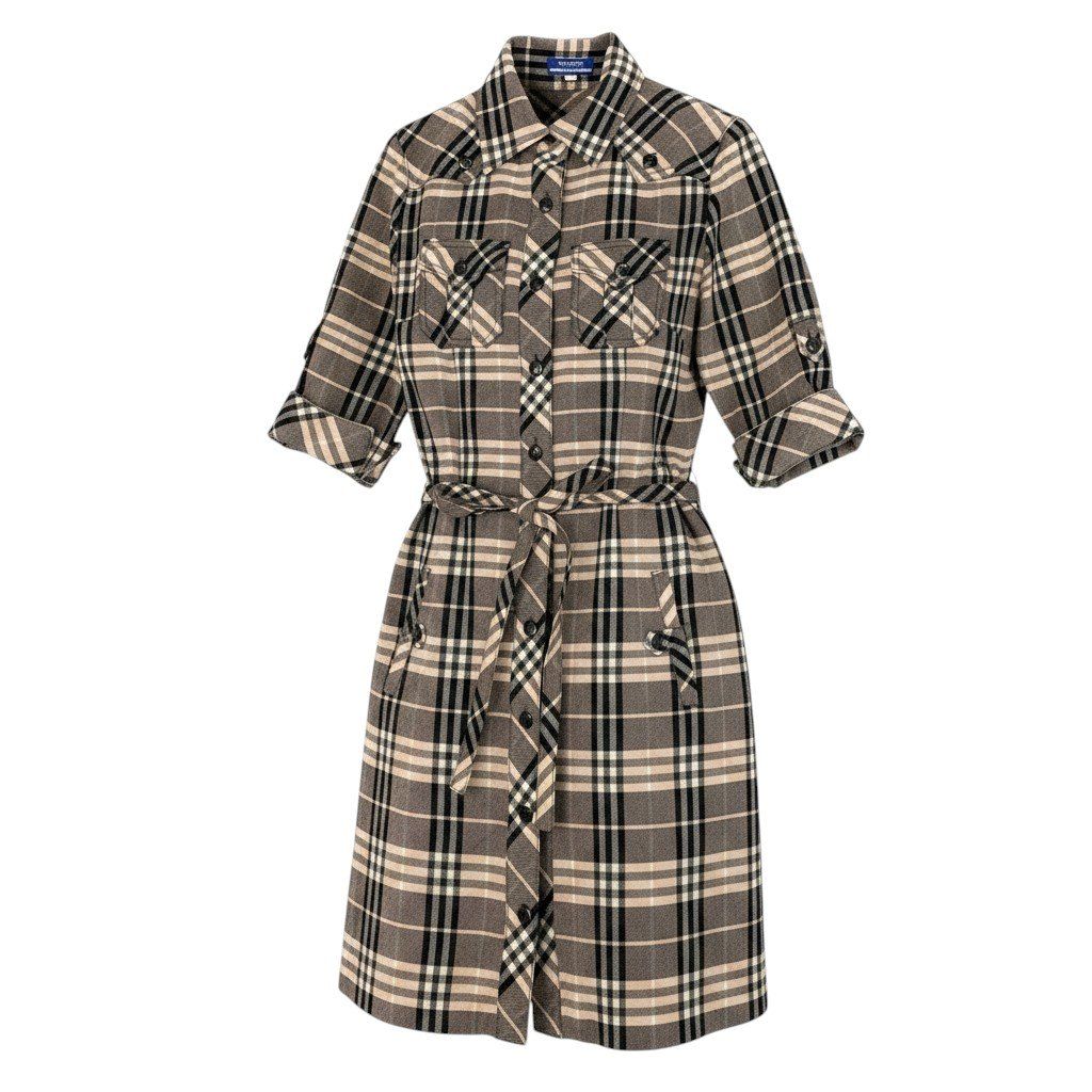 Ie25 BURBERRY LONDON BLUE LABEL バーバリーロンドン ブルーレーベル チェックシャツ 膝丈ワンピース 7分袖 サイズ38 ブラウン系 ピンク ウール100％ レディース 女性服o07t