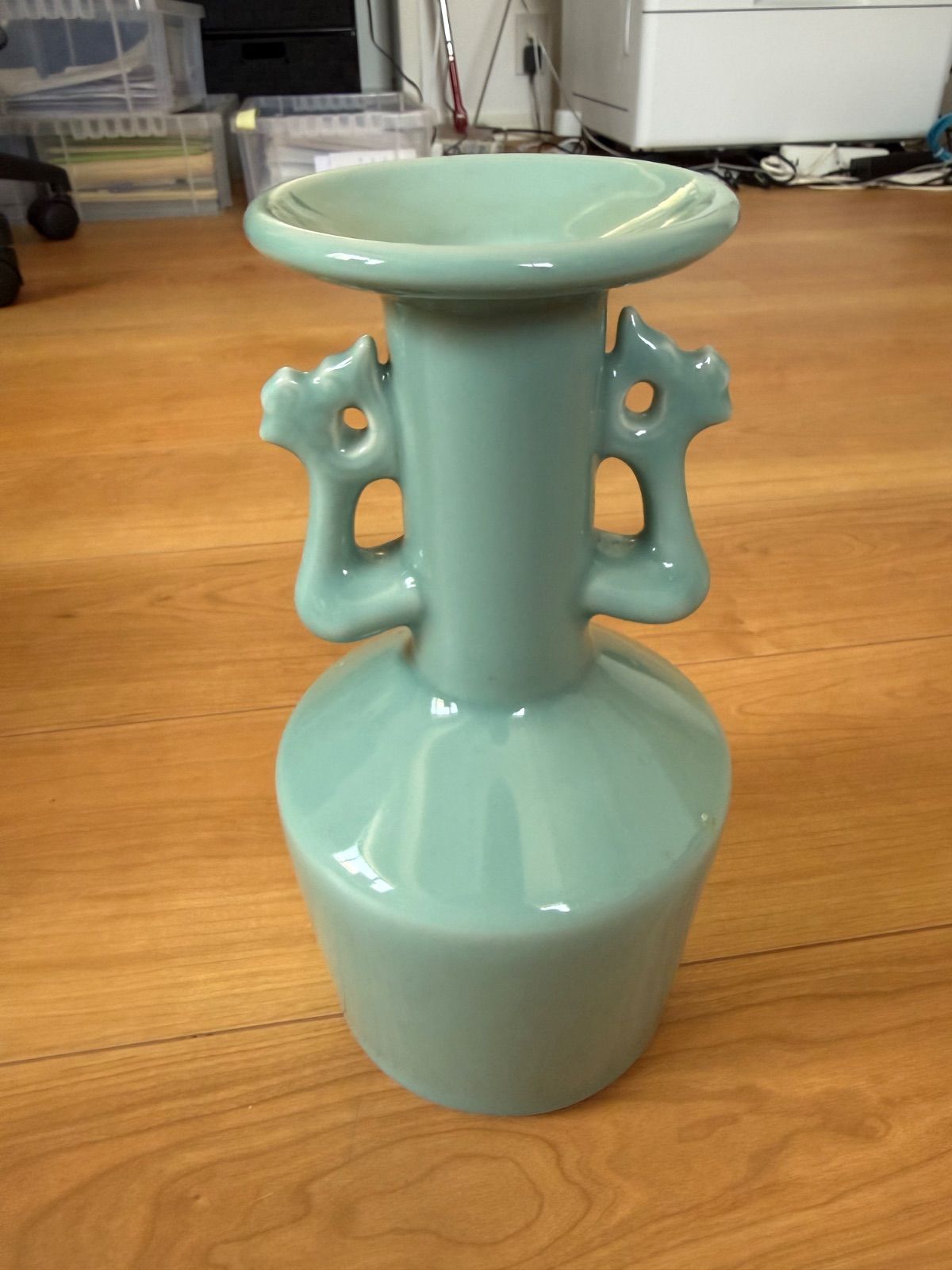 茶道具/花入 青磁鳳凰耳付花入 清宝作 共箱 茶道具 青磁鳳凰耳花入 清