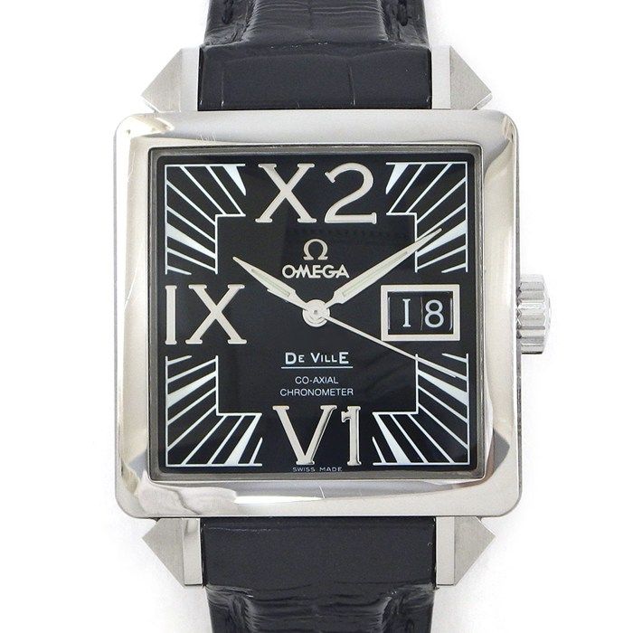 オメガ OMEGA 腕時計 デ・ヴィル X2 ビッグデイト 7813.50.31 コーアクシャル 夜光針 スクエア ブラック文字盤 SS ブラック アリゲーターレザーベルト 自動巻き 【中古】