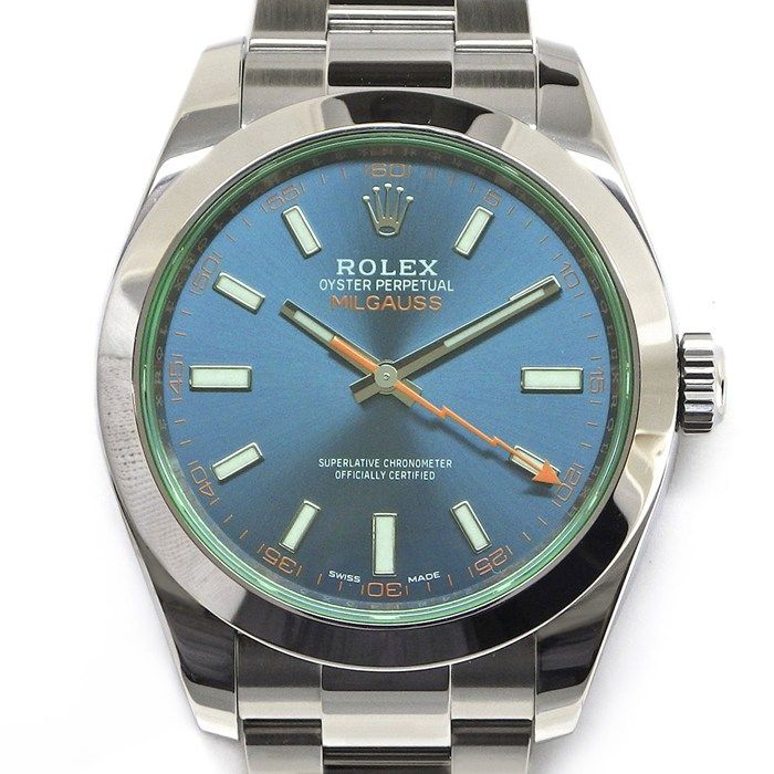 ロレックス Rolex 腕時計 ミルガウス 116400GV ルーレット刻印 ランダムシリアル 夜光インデックス 夜光針 サンレイ ブルー文字盤 グリーンサファイアガラス SS 自動巻き 【箱・保付き】 【中古】