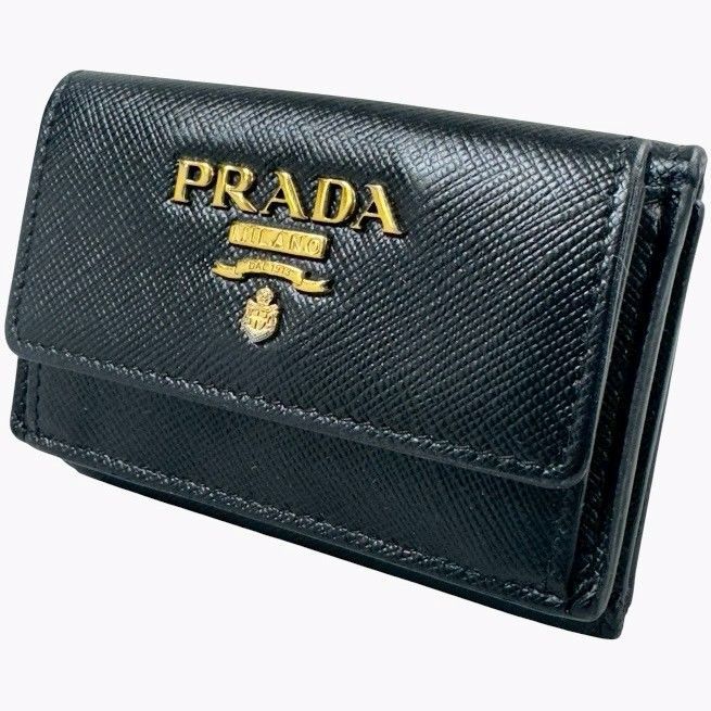 【美品】PRADA プラダ サフィアーノ タイニー Wホック 三つ折り 財布 ブラック