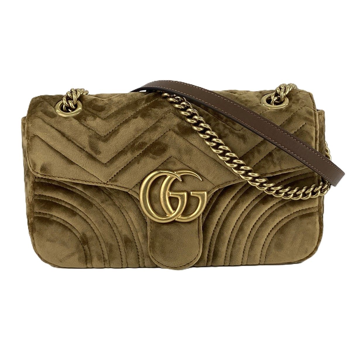 GUCCI グッチ GGマーモント キルティング スモール チェーン ショルダーバッグ ショルダーバッグ 443497 レディース ベロア ブラウン ゴールド金具 中古