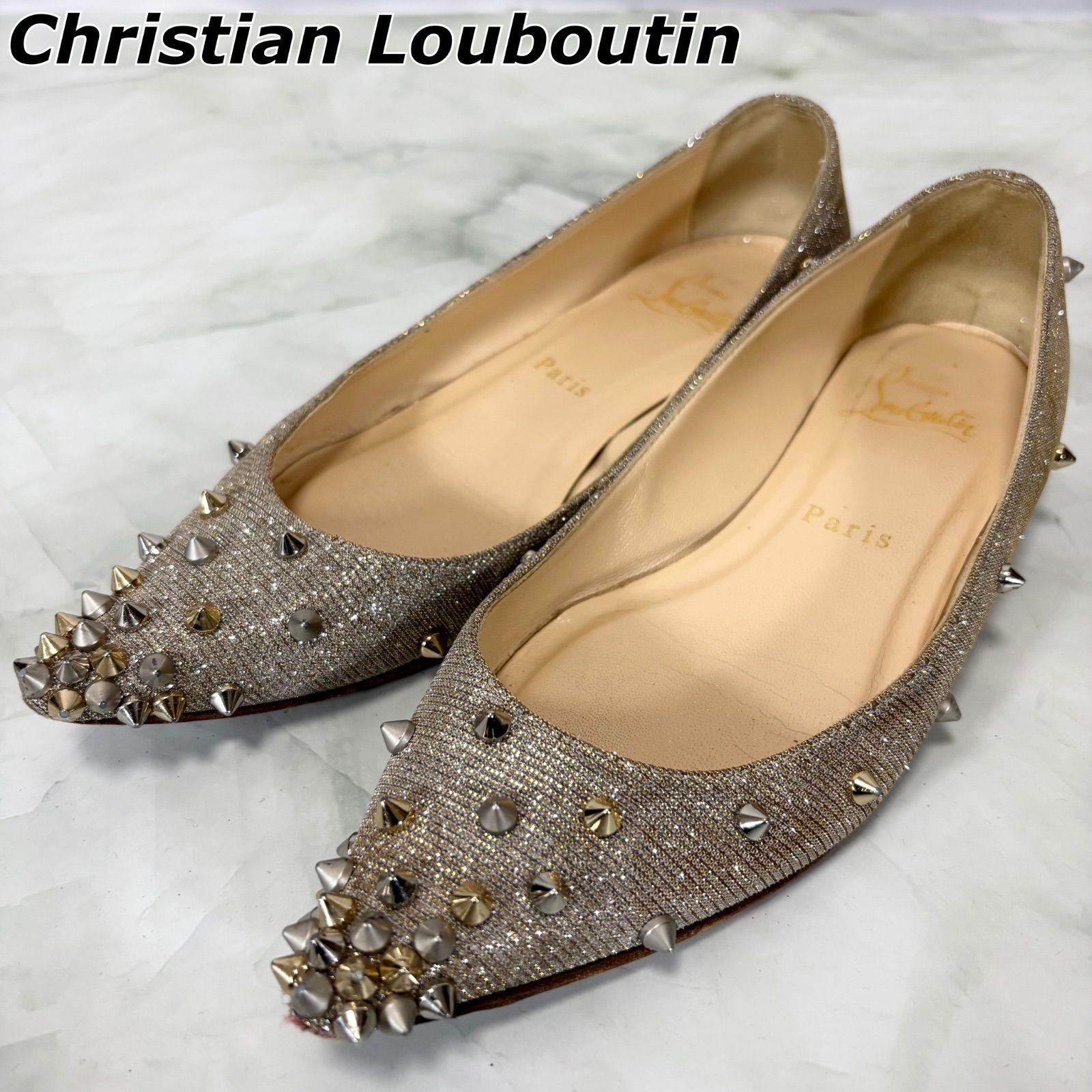 クリスチャンルブタン Christian Louboutin フラットパンプス スタッズ グリッター ポインテッドトゥ ラメ 34 1/2(21.5cm相当)