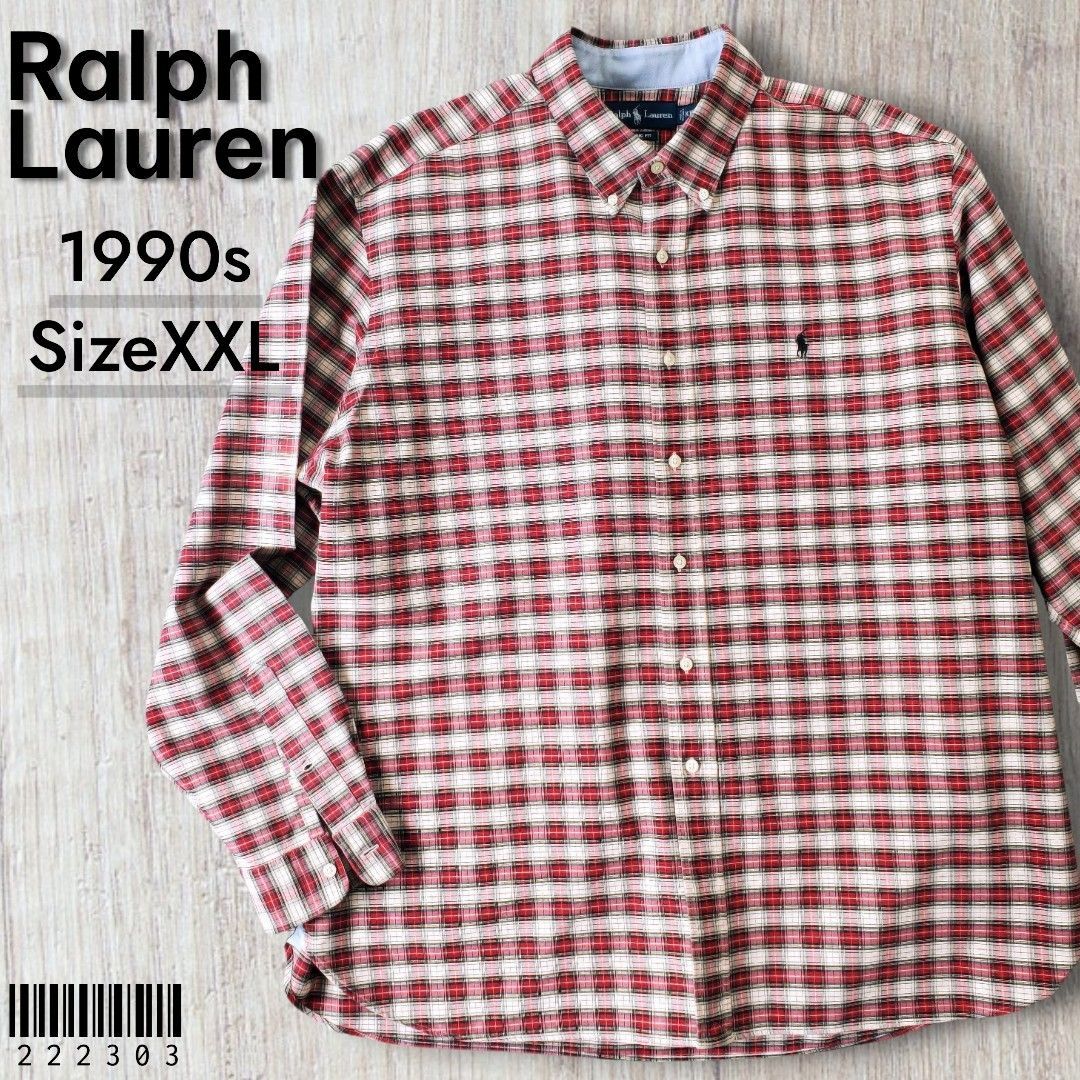 Ralph Lauren ラルフロレーン■美品 1990s 長袖 オンブレチェック柄 BD オックスフォードシャツ XXL マチ付 CLASSIC FIT ビッグシルエット グラデーション シャドー 大きいサイズ