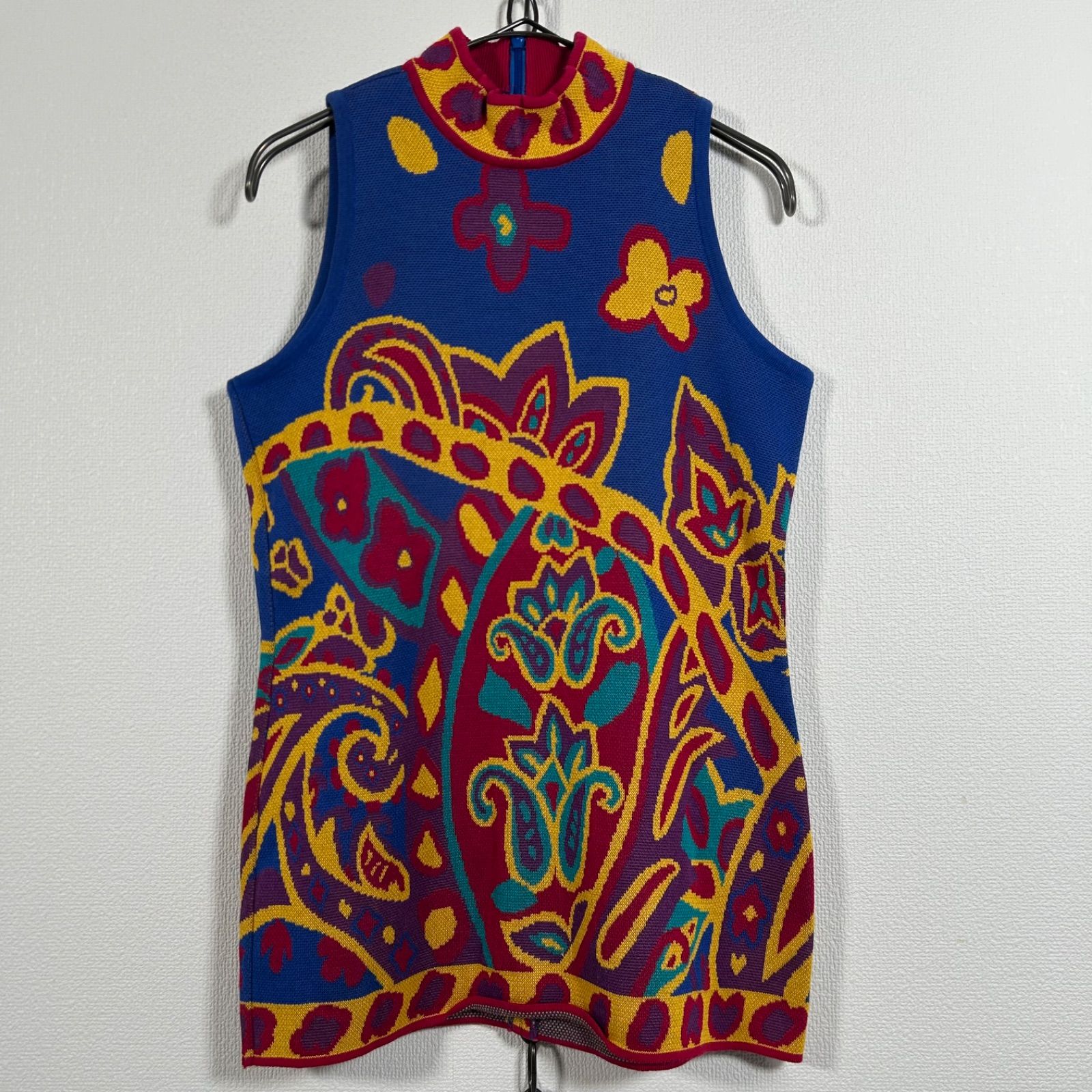 90s Vintage yves saint laurent ノースリーブワンピース 柄 モックネック サマーニット Mサイズ