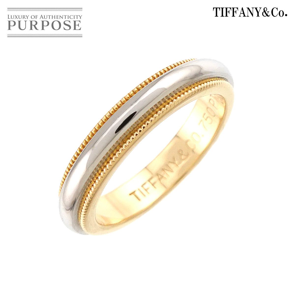 ティファニー TIFFANY&Co. ミルグレイン バンド 6.5号 リング 幅3.4mm Pt K18 YG 750 指輪 トゥギャザー Milgrain Band Ring 90326329