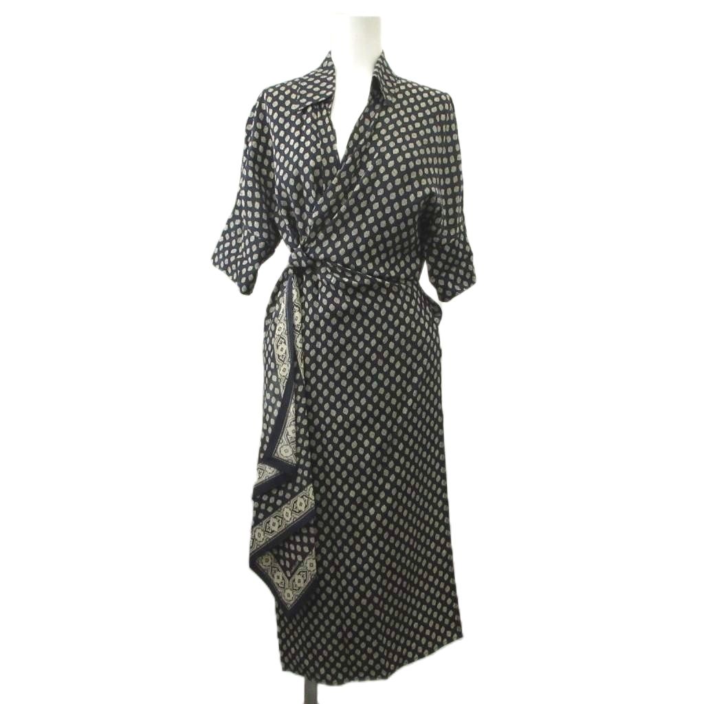マックスマーラ MAX MARA ワンピース 絹 シルク 44 黒 ブラック ドット柄 ラップデザイン 七分袖 ロング丈 /MD ■GY62
