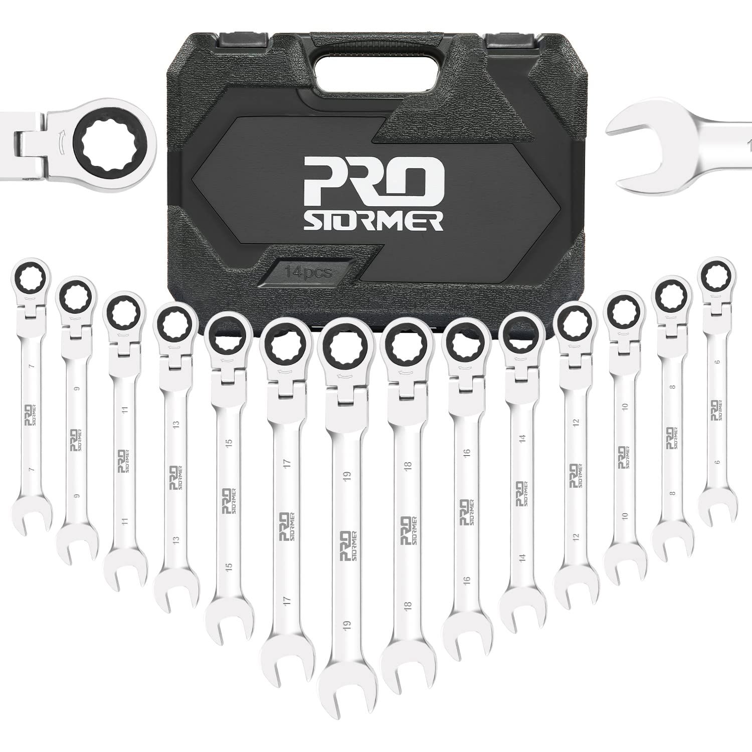 ☆新品☆Prostormer フレックスラチェットレンチ 角度調整可能 72ギア ラチェットコンビネーションレンチセット 6-19mm 14本組 自動車修理 車メンテナンス 組み立て DIY 収納ケース付き f77204bf