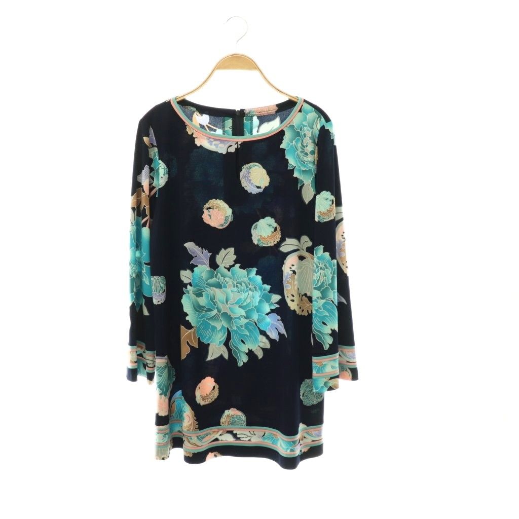 レオナール LEONARD ファッション FASHION 花柄ワンピース ボートネック ロゴ 42 ネイビー マルチカラー /CX ■ECD004